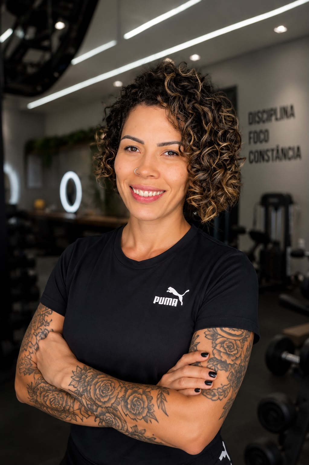 Bruna Siqueira, personal trainer, em pé em academia com os braços cruzados
